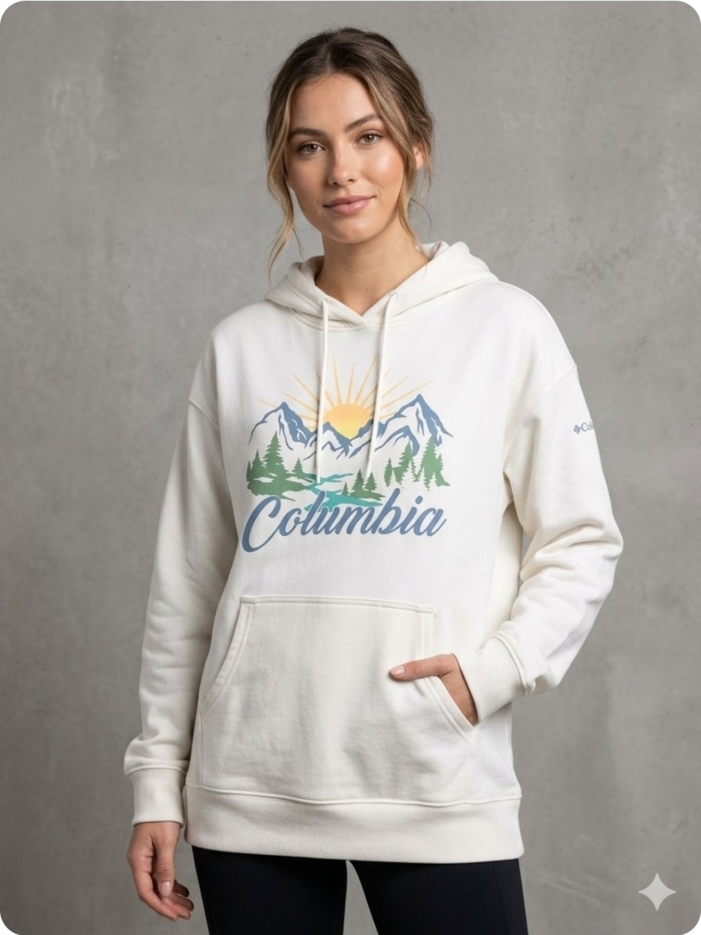 Columbia Cream Hoodie with Mountain Sunrise Graphic